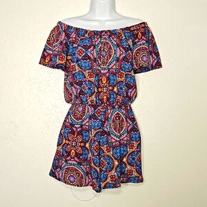 Let Them Eat Cake off the shoulder short sleeve multicolor mandala print Romper